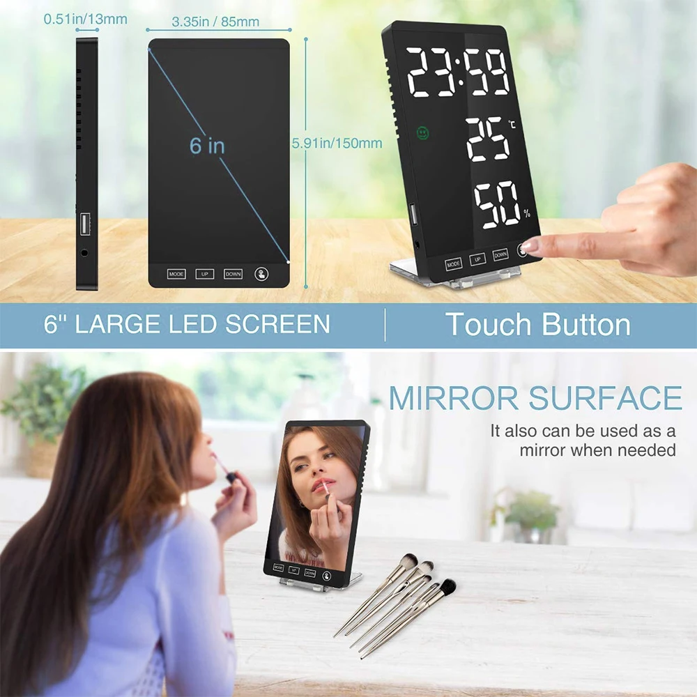

2021 Creative Features Temperature And Humidity LED Mirror Desktop Digital Clock Time 6 Inch Display USB Output Port Table Clock