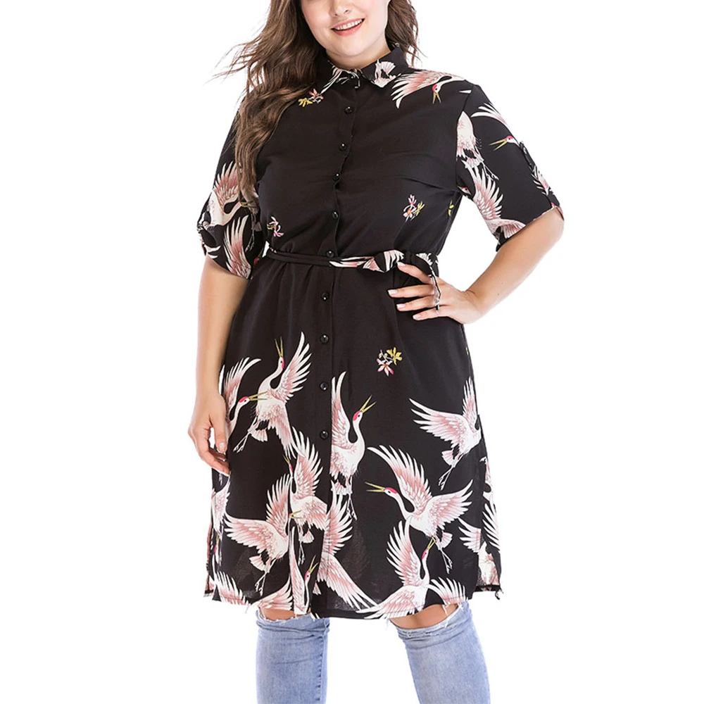 Женское шифоновое платье большого размера красное с принтом журавлей винтажное