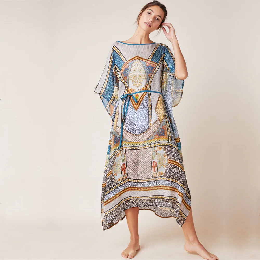 Print Chiffon Beach Cover up Tunics for Long Kaftan Bikini Robe de Plage Sarong Swimsuit coverup #Q874 | Женская одежда