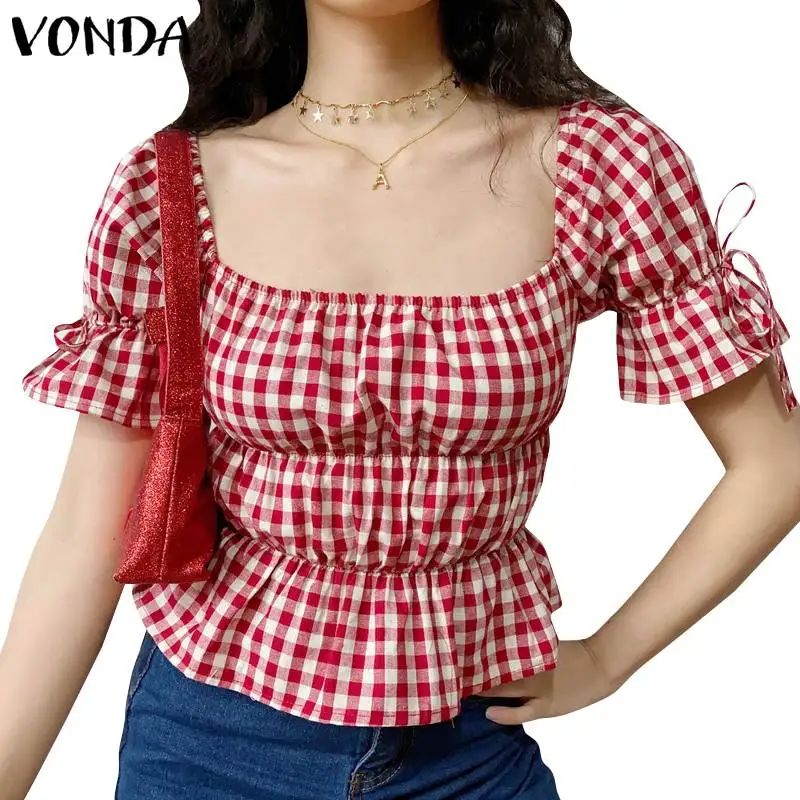 

Женская клетчатая блузка VONDA 2021, пикантные топы с квадратным вырезом и коротким рукавом, Женская туника с пышными рукавами, Пляжная летняя б...