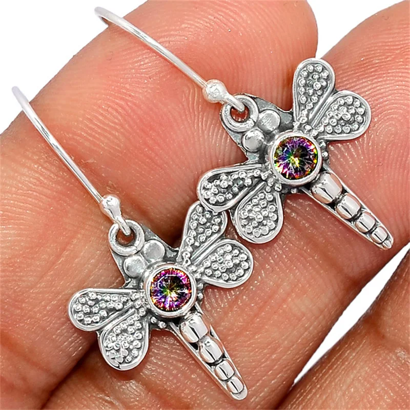 

Boho Creative Wings Dragonfly Drop Earrings for Women Vintage Silver Color Jewelry Colorful Stone Wedding Dangle Earrings