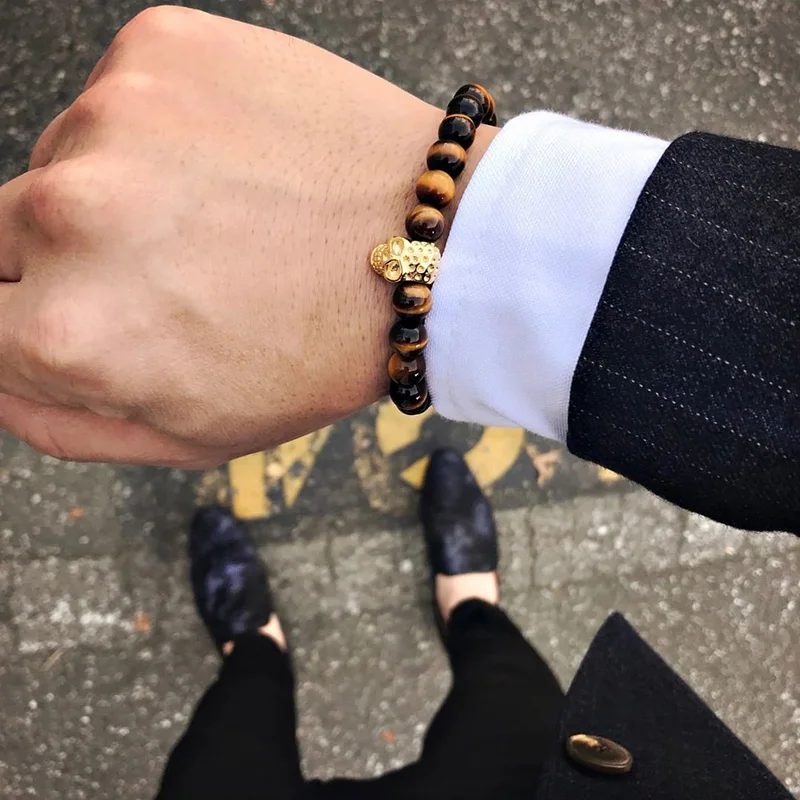 Браслет с черепом бусины из натурального камня мужские украшения браслеты