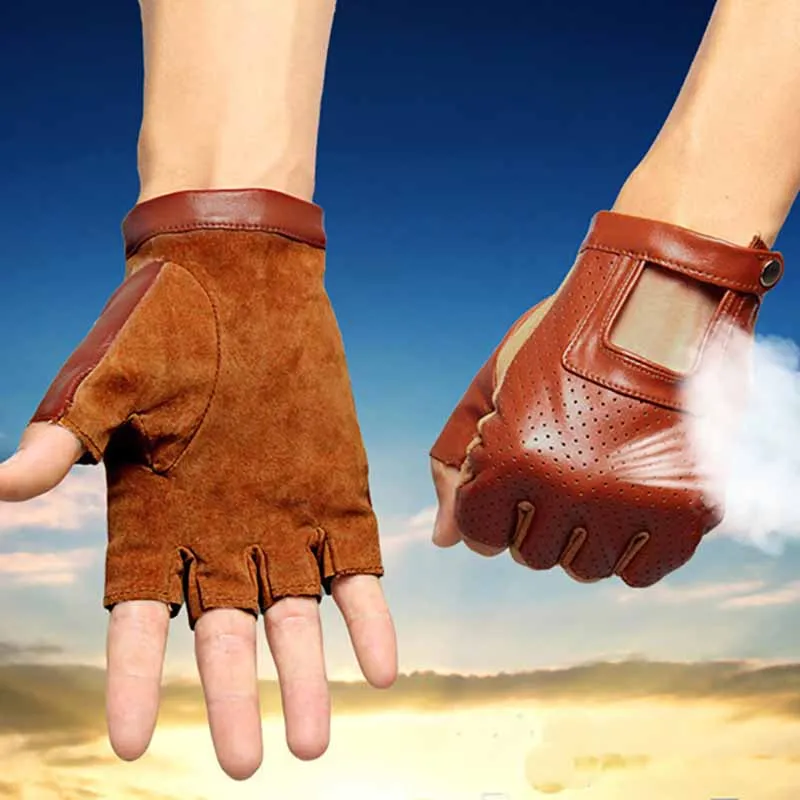 Мужские кожаные перчатки без пальцев Goatskin унисекс Guantes фитнес с половиной пальца упражнения вождения противоскользящие, из дышащей ткани перчатки черные