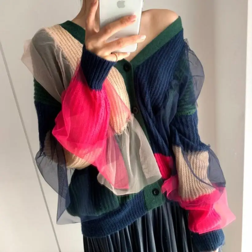 

2021 Autumn Women New Loose Single Breasted Cardigan Coat Versatile Long Sleeve Panelled Patchwork Top Knitted Sweater w114