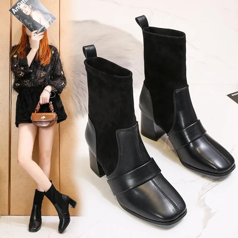 2021new Splicing Riding Boots Fashion Calf Mid-tube Boots Platform Wedges Ethnic Style Short Boots Casual Winter Women Shoes