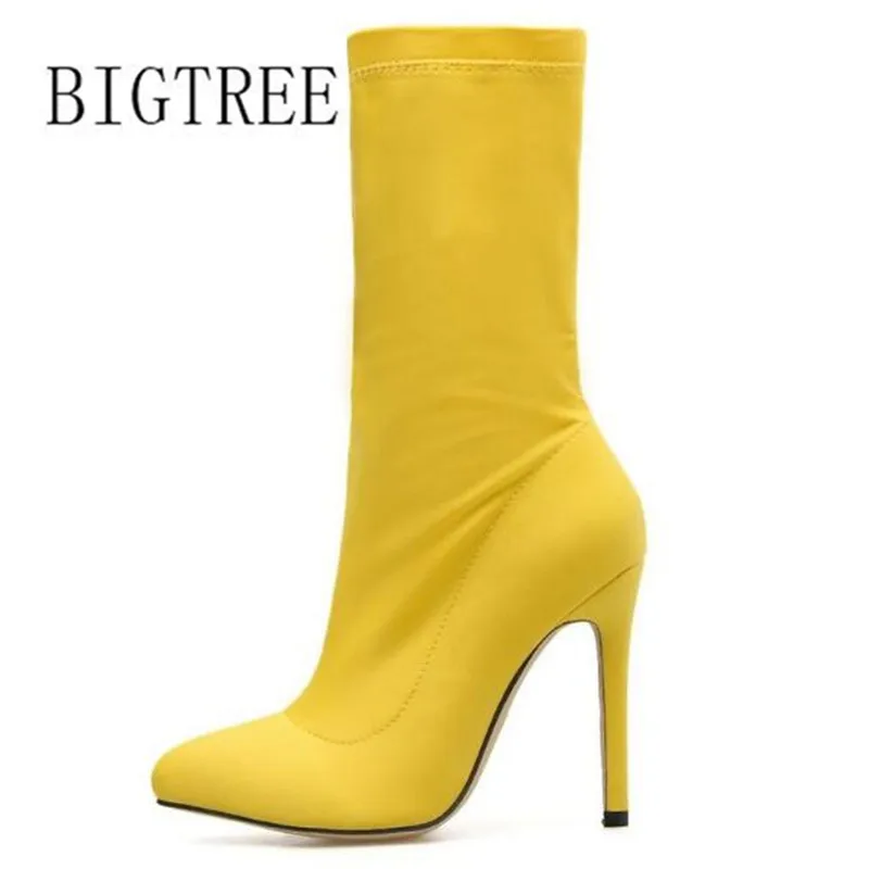 Женские желтые ботильоны 2019 модные весенне Осенние эластичные ботинки женская
