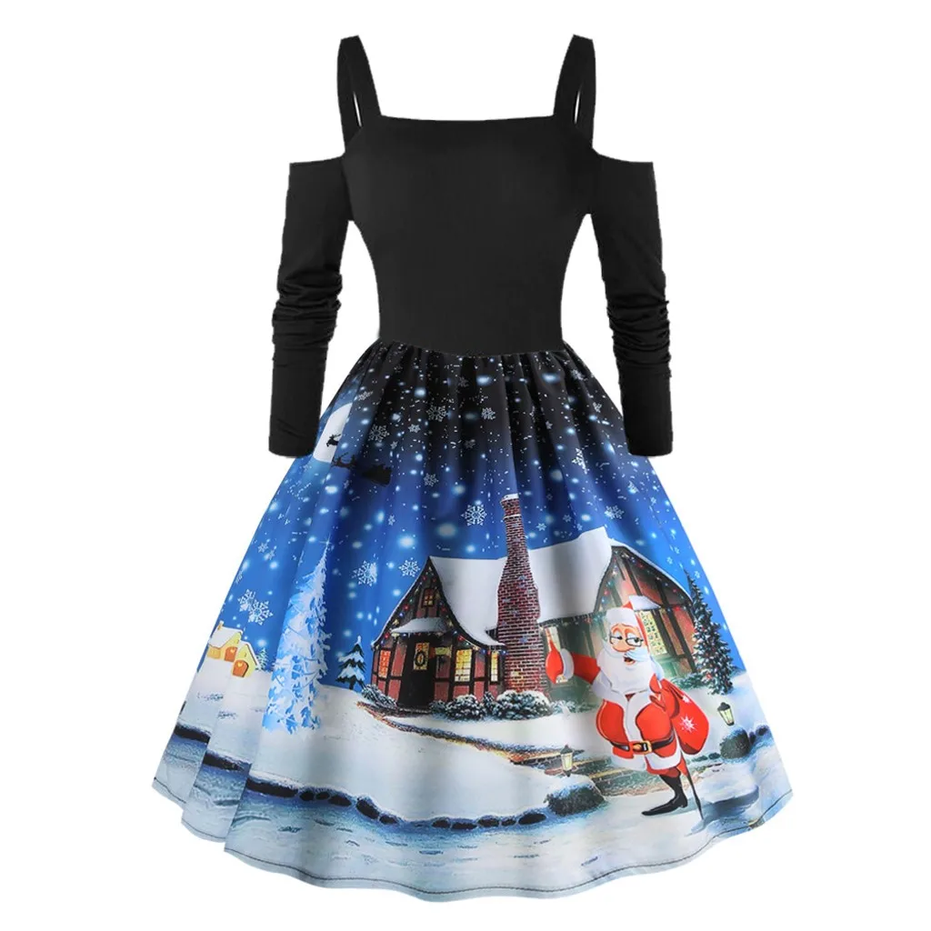 Зимнее рождественское платье женское с длинным рукавом и открытыми плечами
