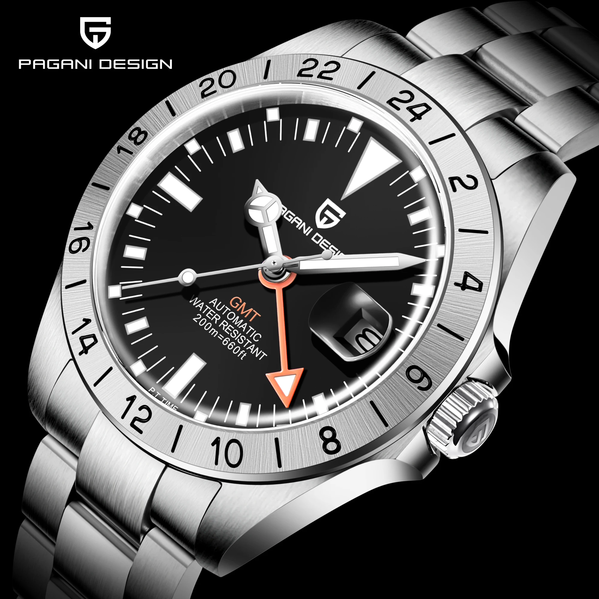 PAGANI DESIGN Top Brand 2021 New Luxury Sapphire GMT Stainless Steel Men's Watch 200m Waterproof Salute Watch Reloj Hombre