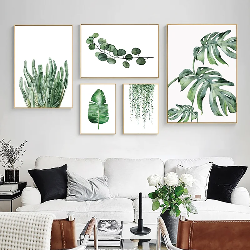 

Green Watercolor Leaves Plants Poster Scandinavian Style Decorative Picture Modern Wall Art Paintings for Living Room Home Decor