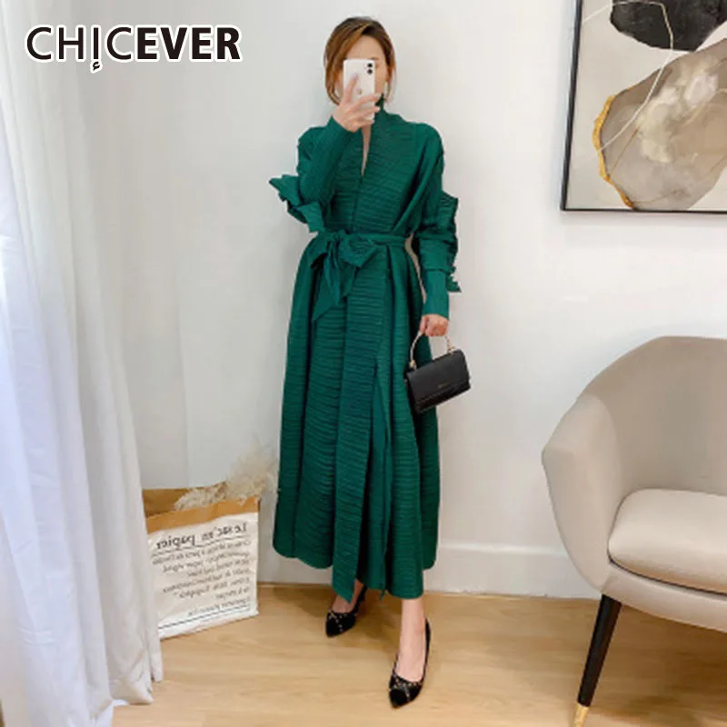 

CHICEVER Casual Dress For Women V Neck Long Sleeve High Waist Ankle Length Ruched Dresses Female Clothes 2021 Fashion Summer New