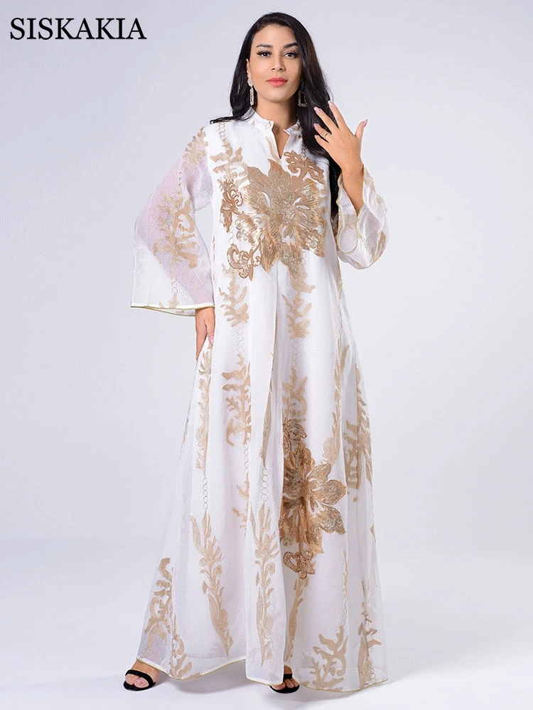 Siskakia Sequins Embroidered Abaya Dress For Women Moroccan Kaftan Turkey Arabic Jalabiya White Islamic Ethnic Robe 2021 Eid New