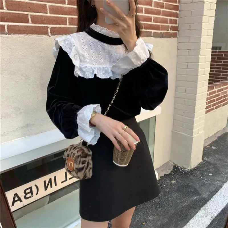 

Shirts Women Causal All-Match Office Ladies Spring Korean Style Elegant Comfortable Turtleneck Lace Patchwork Flare Sleeve Chic