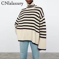 2021 autumn winter women turtleneck sweater pullover hem slit loose stripes long sleeve warm female vintage knitted jumper tops