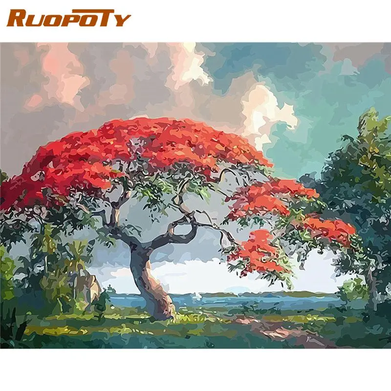 

RUOPOTY 60x75cm Diy Frame Red Tree Painting By Numbers Kit Modern Wall Art Picture Acrylic Paint By Numbers For Gift