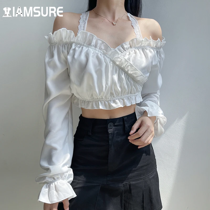 

Женская футболка с рюшами IAMSURE, с лямкой на шее, 2021, винтажная Однотонная футболка с открытыми плечами и длинным рукавом, женские осенние пов...