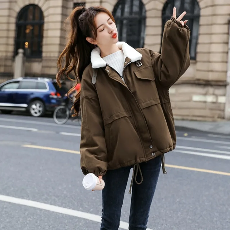 

Lamb Wool Cotton Clothes Women's Tooling Keep Warm Thickened Winter 2021 New Korean Loose Jacket Women Stand-up Collar Parker