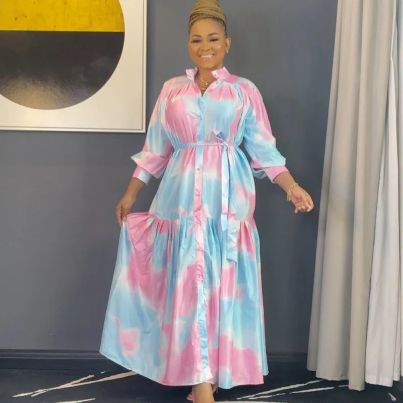 

Ruffle African Maxi Dress Women Stand Collar Full Sleeve Lace Up Robes 2021 Fashion Tie Dye Elegant African Party Dress Vestidos