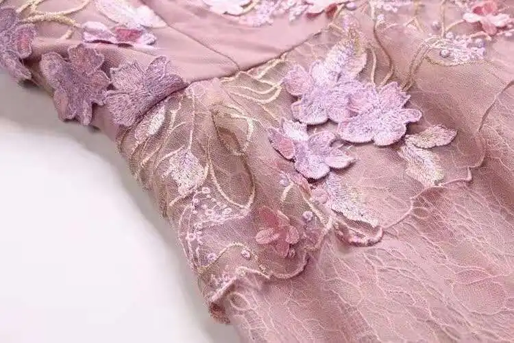 

Dress One Piece 2021 Spring Wedding Party Women Sexy Sheer Lace Embroidery Patchwork 3/4 Sleeve Mid-Calf Length Sweet Pink Dress