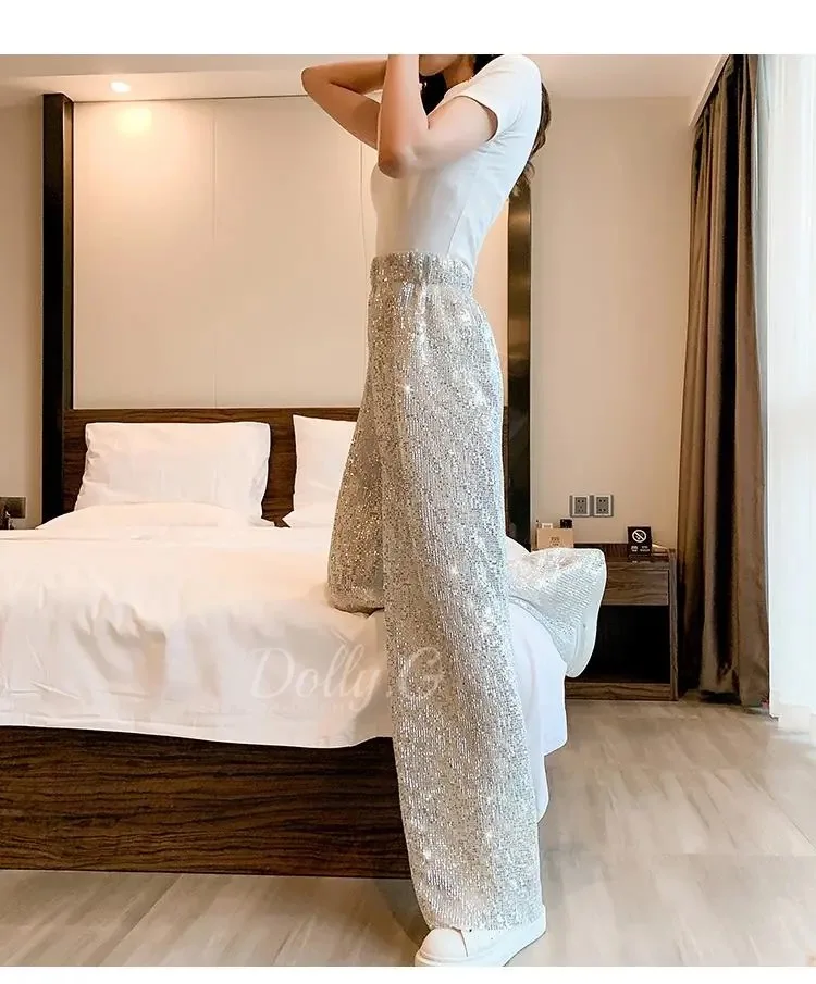 Женские широкие брюки с блестками серебристые шикарные брюки-Капри эластичным