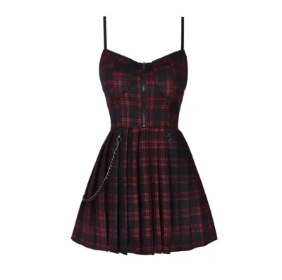 

Spring Autumn Preppy style Gothic Girls Sexy Sling Dress Grey Balck Pleated Plaid Women Sleeveless Mini Short Dresses