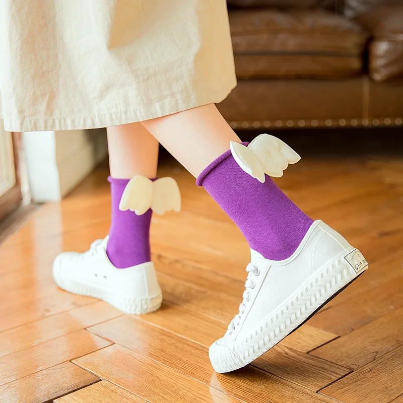 3D Angel wing socks for girls women Sweet Kawaii Student Soft Cotton Princess Socks Solid Candy Color Middle tube Curling