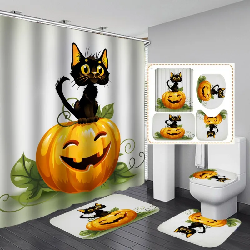 

4 Piece Halloween Shower Curtains Non-slip Bath Mat Base Carpet Cover Toilet Seat Cushion Set Halloween Bathroom Decoration