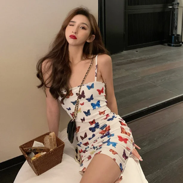 

Little fresh butterfly print one shoulder suspender dress women's 2021 summer new retro Off Shoulder Waist Skirt