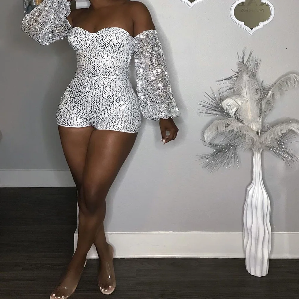 Feditch Off Shoulder Sequined Sexy Jumpsuit Women Club Wear Party Playsuit Gold Elegant Female Glitter Playsuit New Rompers