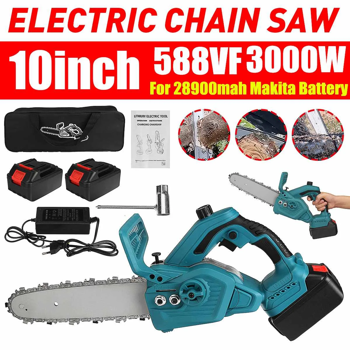 3000W 10 Inch Electric Saw Chainsaw with 2PC 28900mah Battery Brushless Motor Rechargeable Wood Cutter For Makita Battery