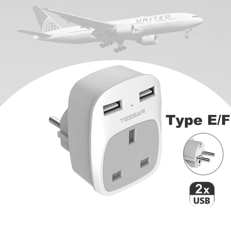 

UK to EU Euro Europe Travel Adapter with 2 USB Ports Grounded European Power Plug Adapter for Spain Russia France etc -Type E/F