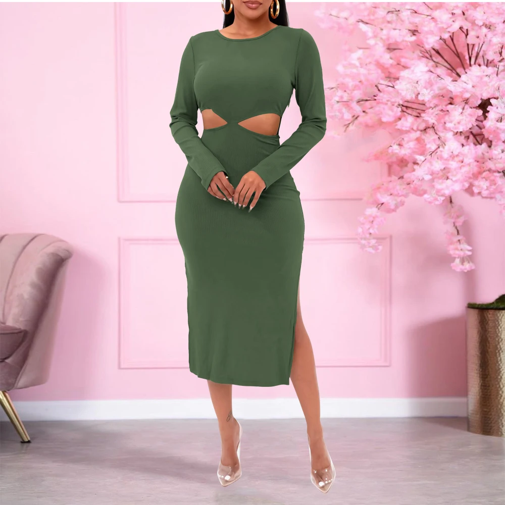 

Female New Fashion Women'S Dress Solid Color Long Sleeve Split Strap Pit Strip Fabric Sexy Hip Lifting Hollow Out Capri Skirt