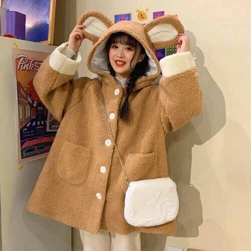 Double-Layer Hat Lamb down Sweater Women's Rabbit Ears Long Sleeve Rac |