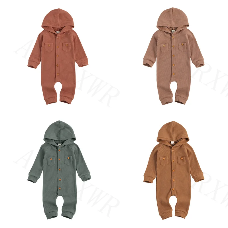 

Комбинезон с капюшоном для новорожденных мальчиков и девочек, однотонный ползунки, комбинезоны для малышей с длинными рукавами и карманами...