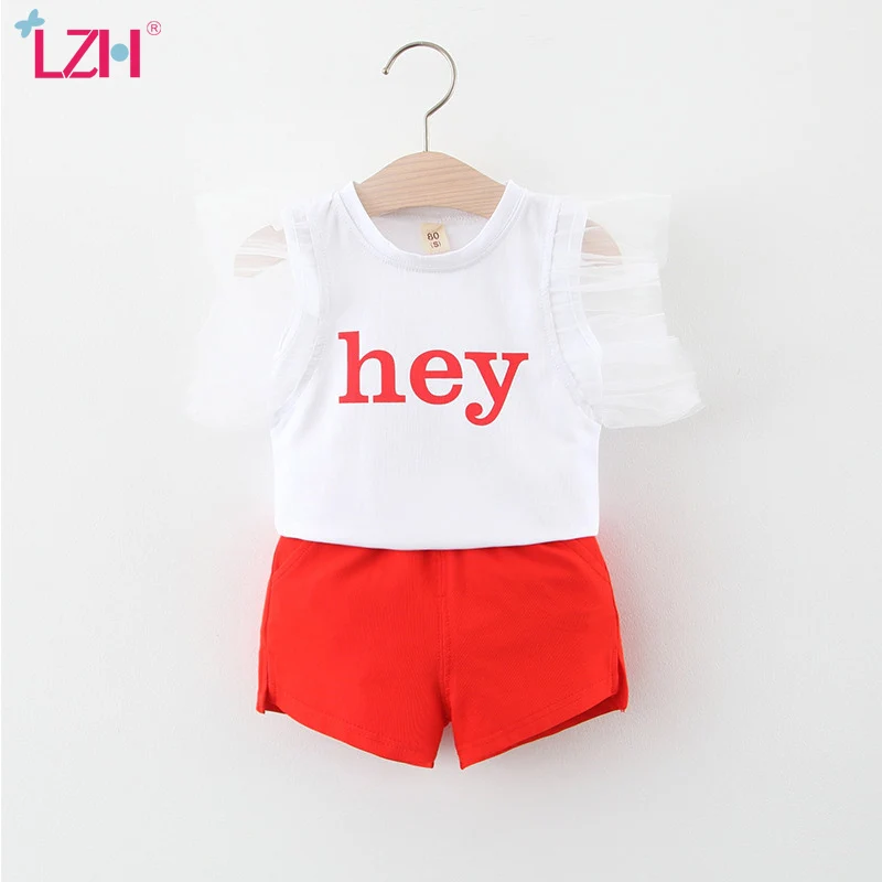 

LZH 2021 Summer Sleeveless Thin Section Toddler Girls Clothing T-Shirt + Shorts 2Pcs Sets For Children Letter Printing Kids Suit