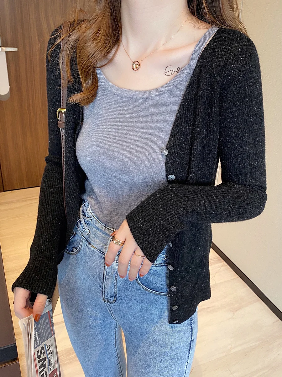 

Женский трикотажный кардиган с V-образным вырезом, весна-осень 2021