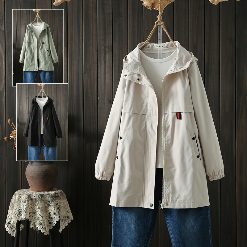 

2021 New Fall 100 KG Casual Hhooded Windbreaker Women Mid-Length Korean Version Loose Fashion Solid Color Jacket s831