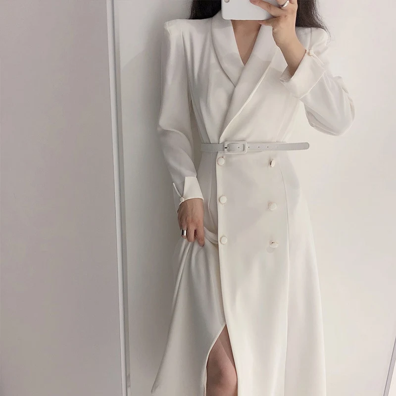 

Breasted Long Dress 2020 Fashion White Black Office Lady Vestidos Autumn Women Elegant Blazer Dresses Female Split Solid Double