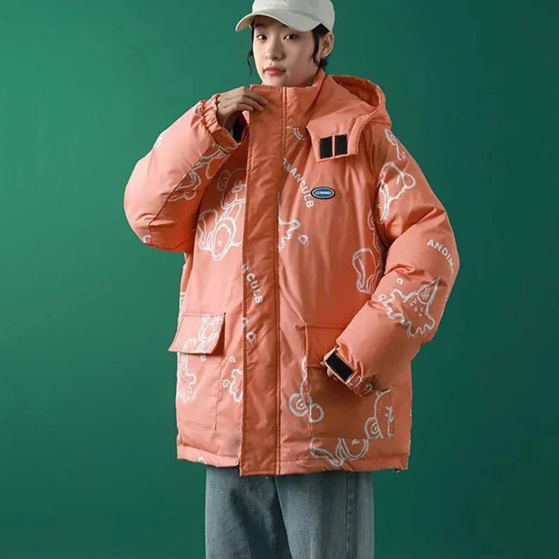 

Tooling Coat Women Winter New Cotton Padded Jacket Casual Hooded Parka Overcoat Loose Long Cotton Lady Jacket Warm Couple Outfit