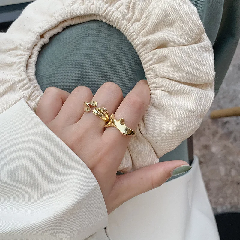 

POPACC 925 пробы серебристый неправильной формы геометрической формы кольца или Для женщин Винтаж золото Цвет в минималистском стиле с волнист...