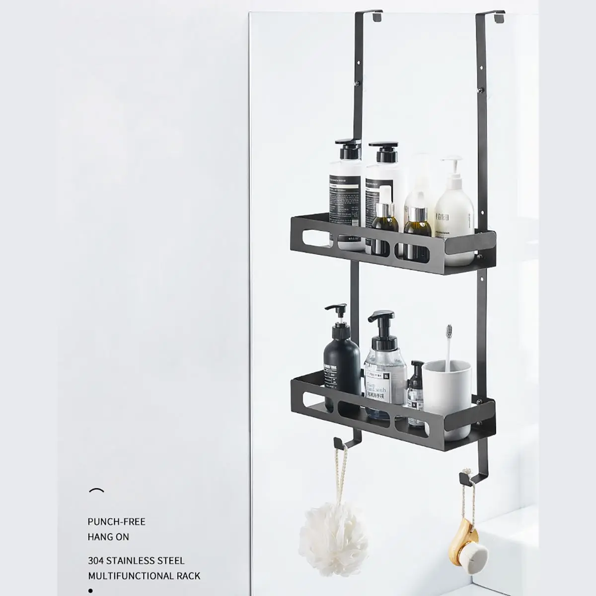 

1/2 Tier Bathroom Shelf 2 Hooks Hainging Basket Bath Organizer Storage Door Mount with Suction Cups Wall Storage Organizer Rack