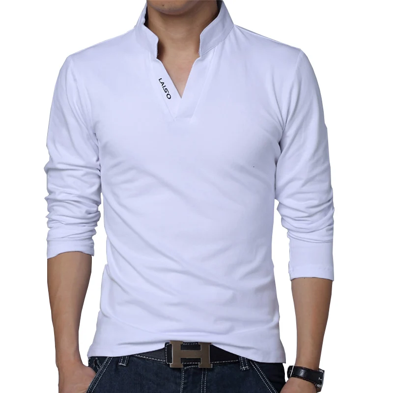 

Men's Cotton T-shirt Solid Color Mandarin Collar Long Sleeve Garment Spring Slim Fit Brand Clothing M-4XL