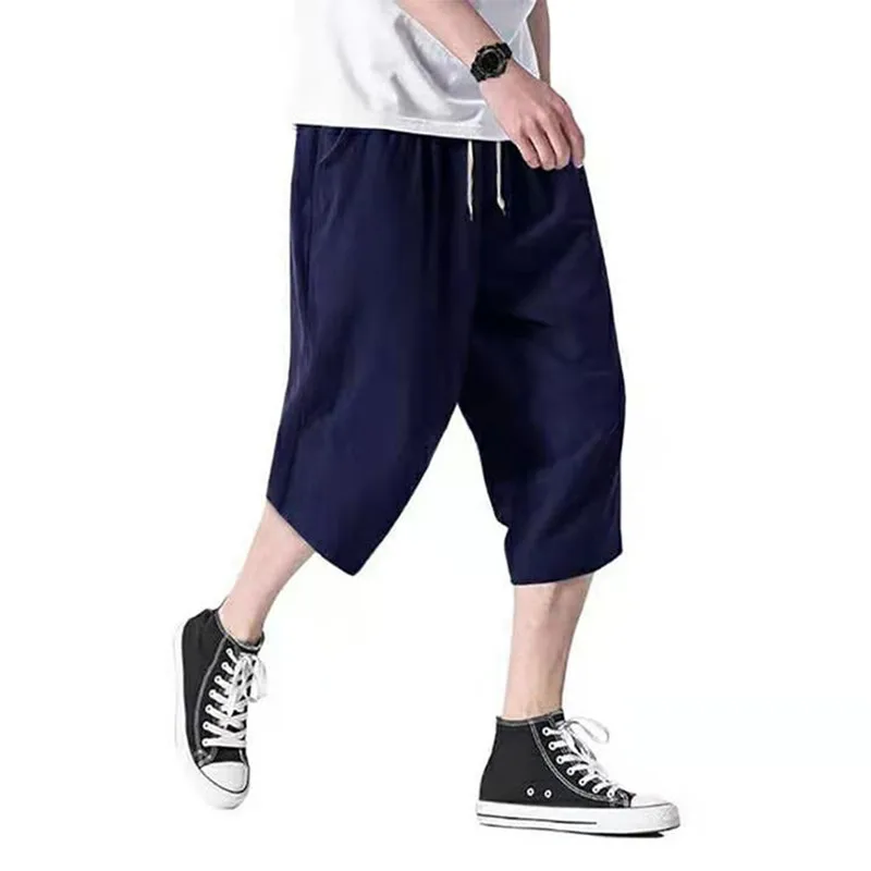 

Summer Men's Cool Cropped Trousers Casual Loose Solid Color Drawstring Pocket Wide Leg All-match Bloomers Hot Sale