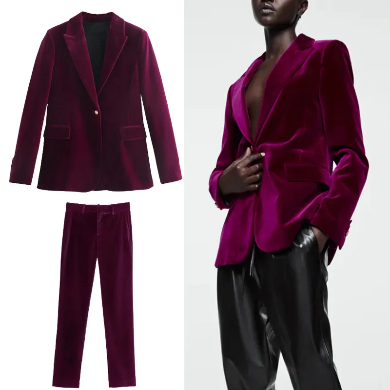 

TRAF Za 2021 Trouser Suits Woman Velvet Blazer Casual Velvet Straight Pants Women Autumn Fashio Solid Color Suit