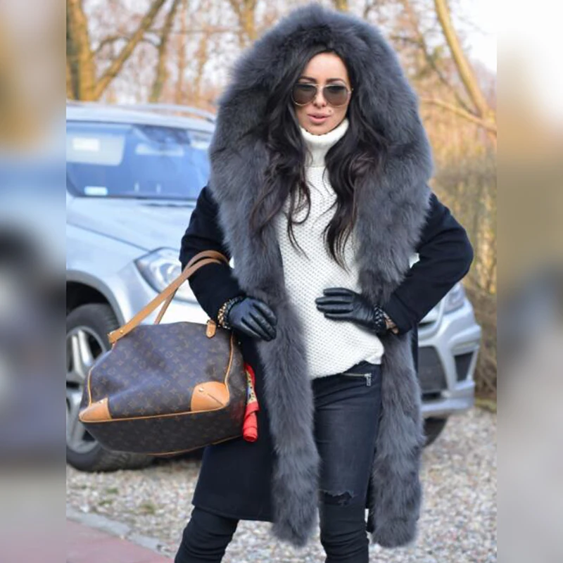 Winter Fashion Natural Fur Coat With Hood Long Wool Blends Fox Fur Coat Woman Luxury Outwear 2022 Trendy Cashmere Overcoat Woman enlarge
