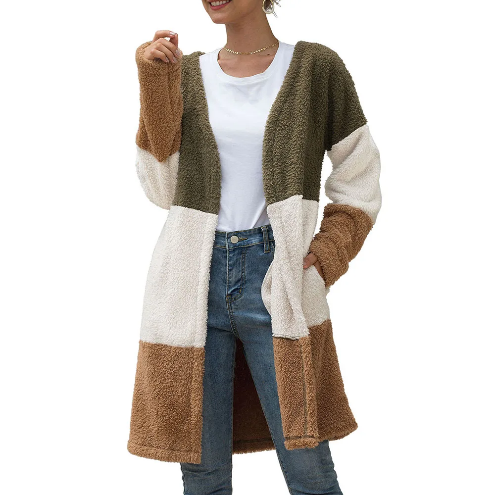 Plush Teddy Coat Cardigan Women Sweater Winter 2019 Warm Patchwork Long Overcoat Autumn Sleeve Outwear Xmas Causal Knitwear |