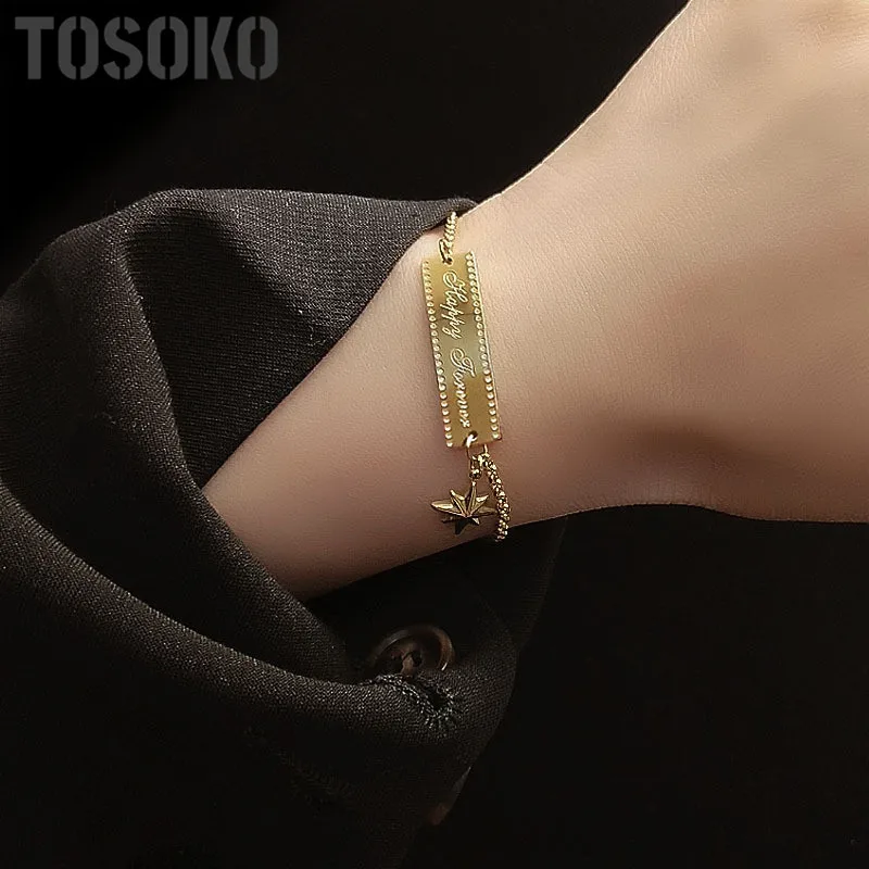 

TOSOKO Ins French Style Good Luck Eight-Star Bend Bracelet Retro Fashion Jewelry Stainless Steel Bracelets For Women BSE106