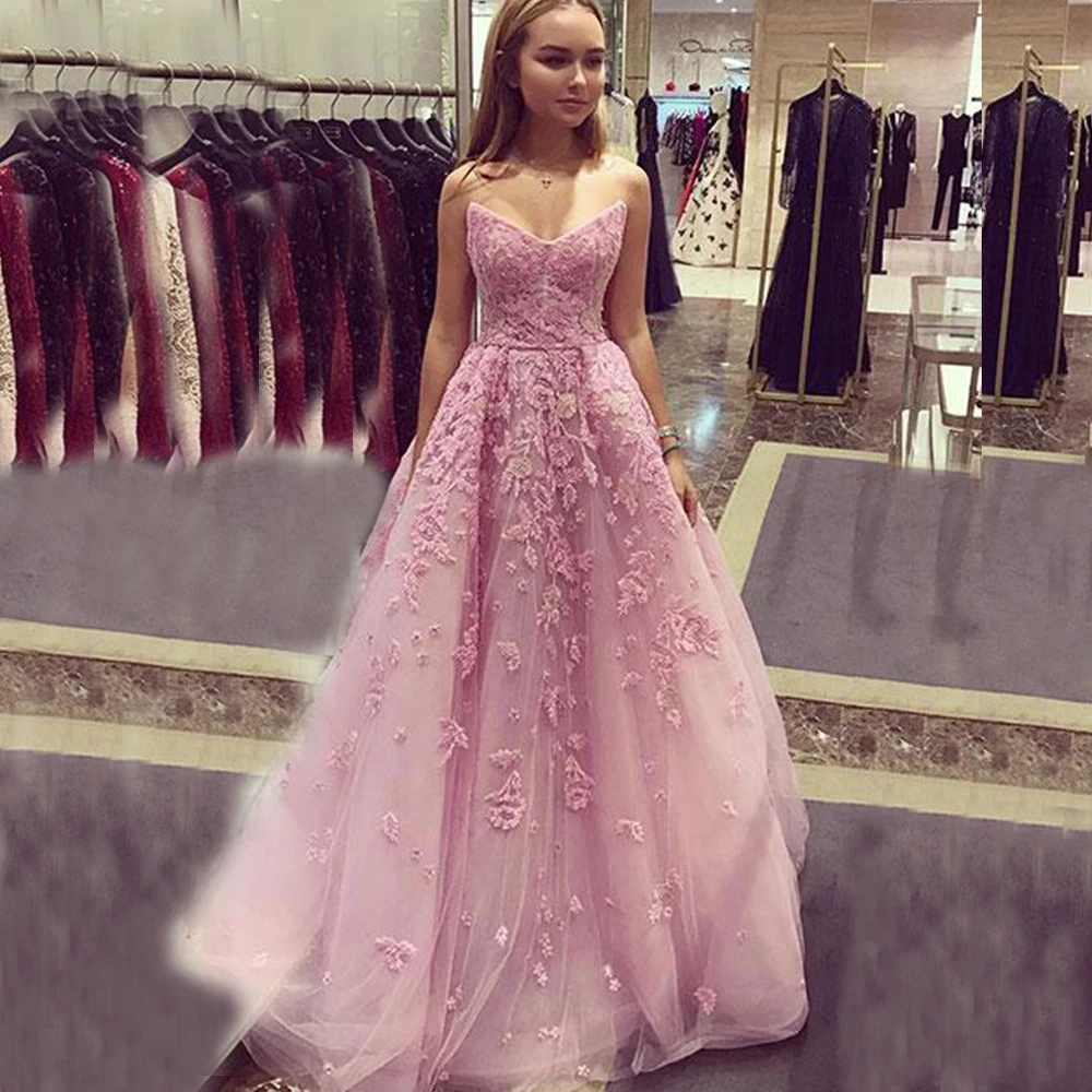 

Pink Prom Dress Applique Lace Evening Party Dress Off Shoulder Gown robe de soiree V Neck Formal Gown Gir Dress Love