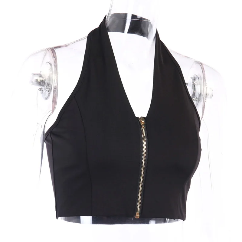 

Kayotuas Women T-Shirt Halter V-Neck Summer Front Zipper Fashion Hot Sale Slim Fit White Black Streetwear Clubwear