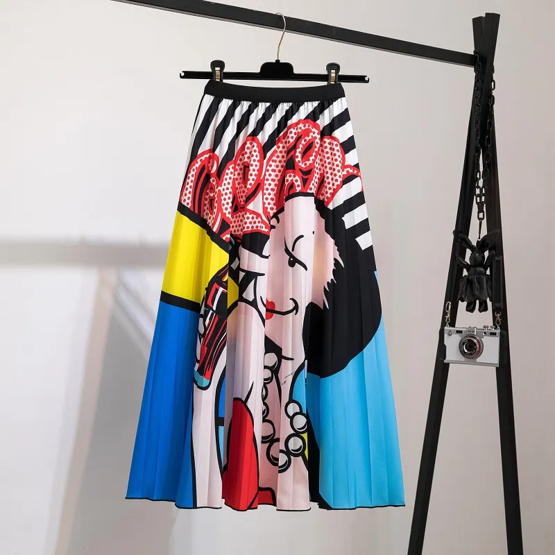 

Pleated Skirt WomenHigh Waist SummerNewStylePersonalityPrinted A-lineSkirtMedium Elastic Waist Pleated Skirt Casual BigFootSkirt