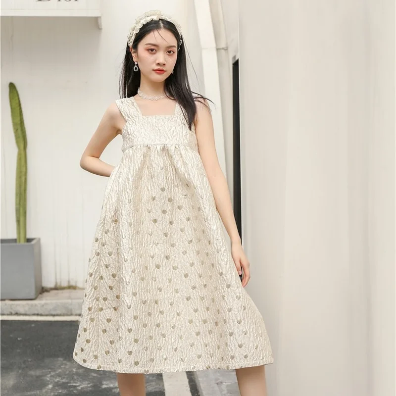 

Korejepo Women Spaghetti Strap Dress 2021 Summer New French Square Collar Jacquard Embroidery Mid-length Large Swing Puffy Dress